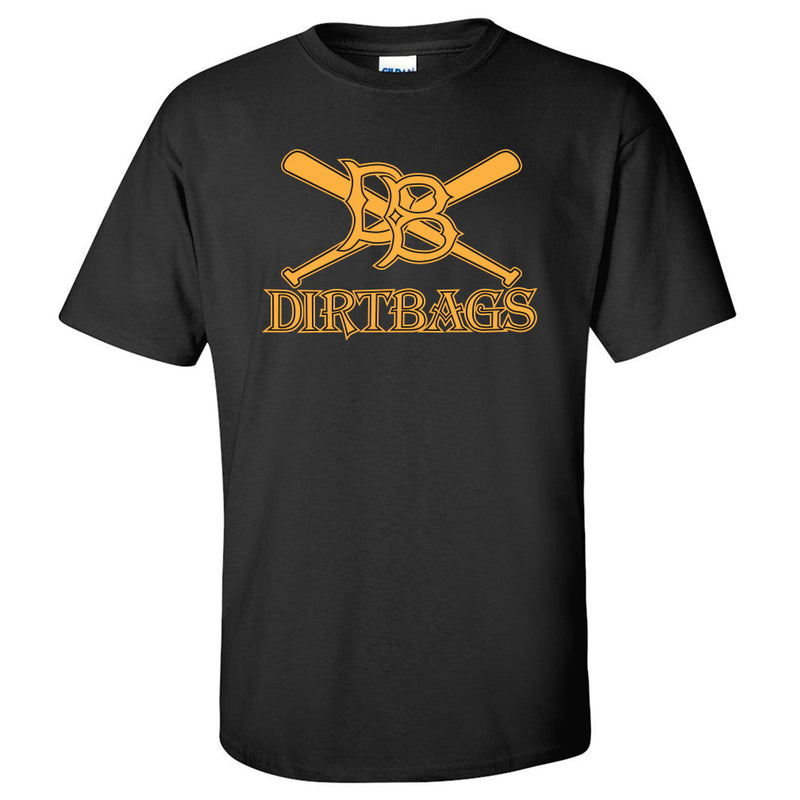 Black t-shirt with classic Dirtbags logo in gold with black online. Dirtbags logo is two baseball bats overlapping in an 'x" with large DB letters in the center. Underneath image reads Dirtbags. 