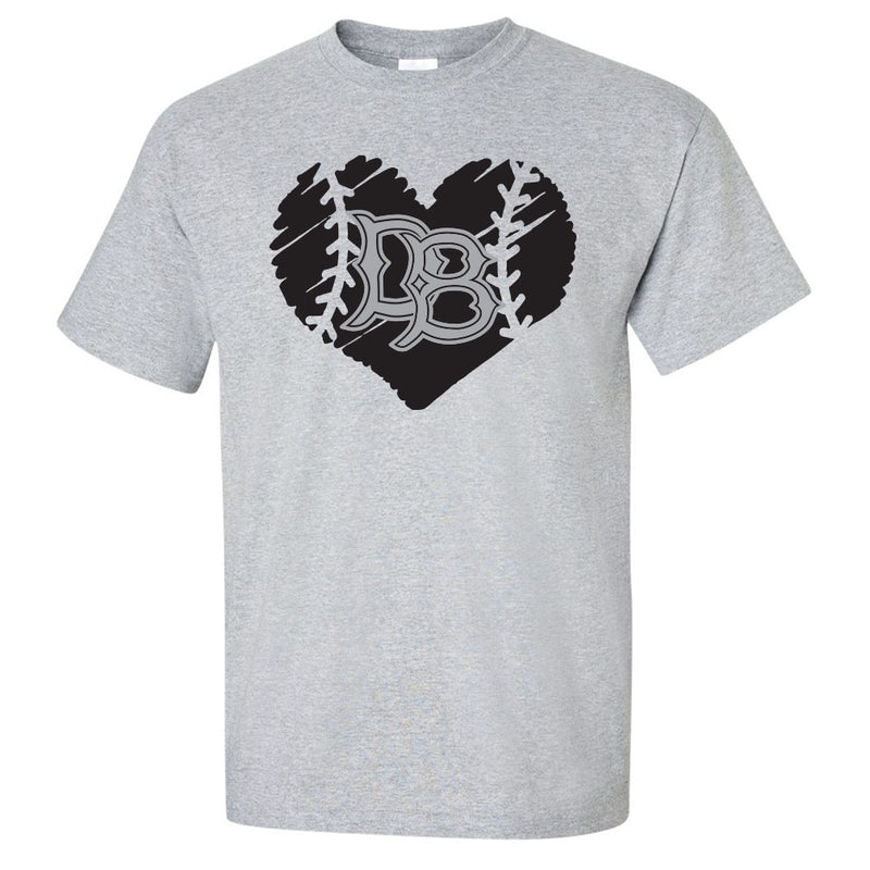 Gray t-shit with black sketched heart. Inside the heart are stitches to mimic a baseball and the letters DB in the Dirtbags font.